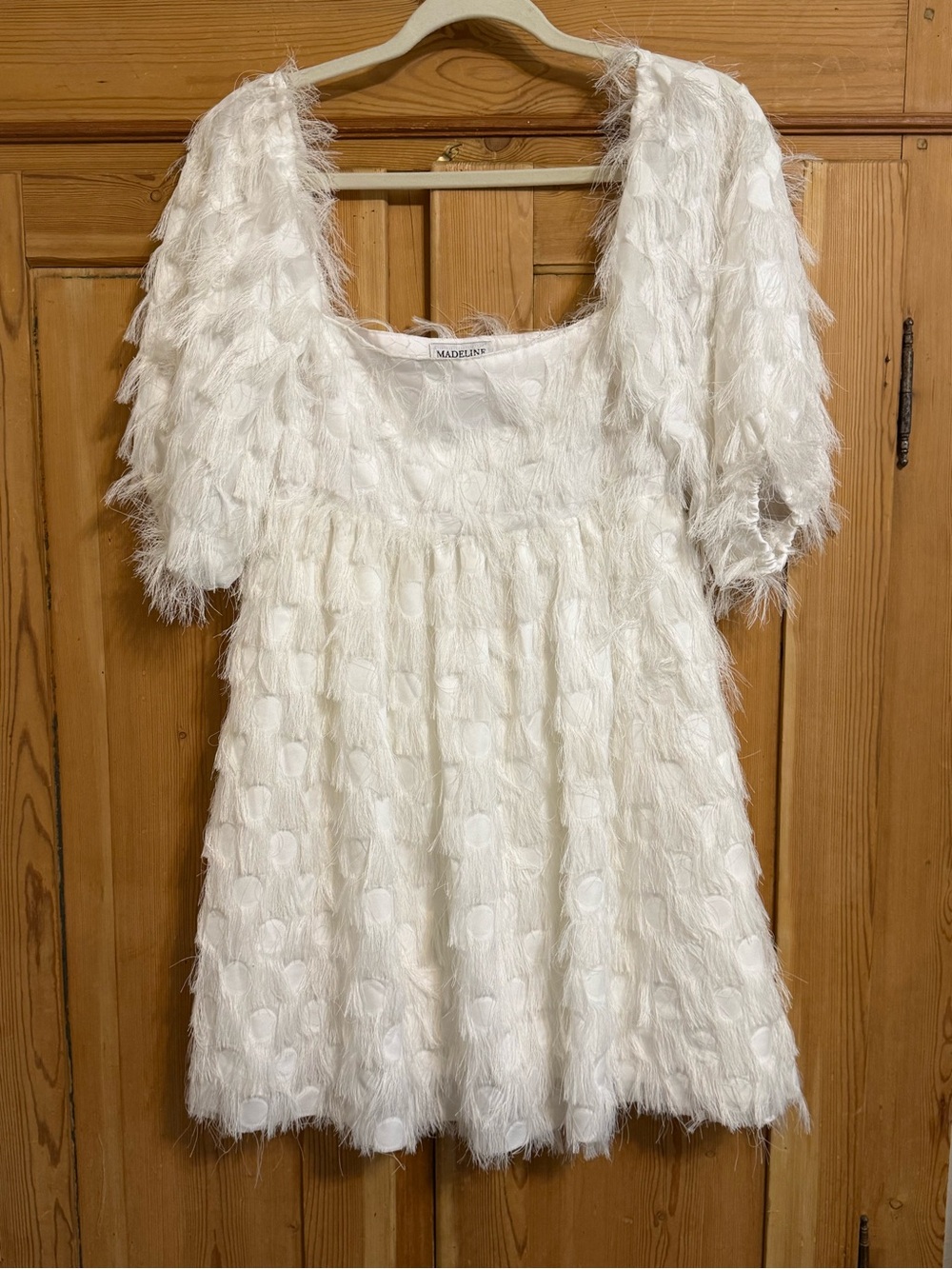 Madeline Marie White Kels Eyelash Fringe Babydoll Mini Dress Puff Sleeve S